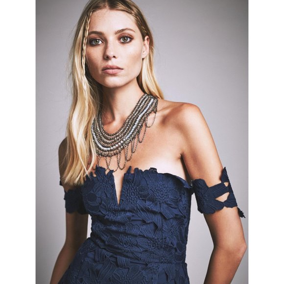 SAYLOR x FREE PEOPLE Navy Blue Off-Shoulder Crochet Lace Dahlia Dress sz XS - Picture 3 of 14